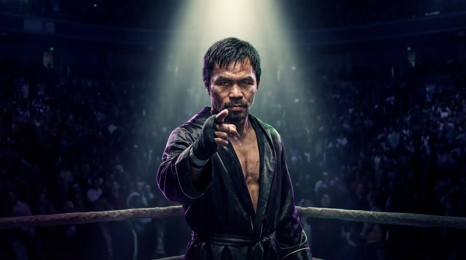 Manny Pacquiao pointing at viewer from boxing ring